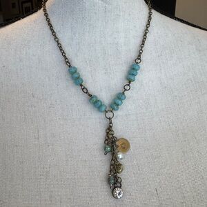 Handmade Bohemian Vibe Necklace with Blue/Aqua Beads, Antique Brass Chain